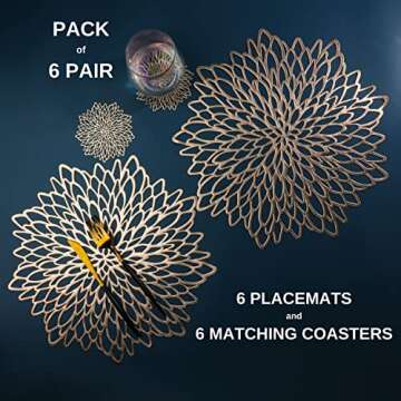 6 Pairs Gold Metallic Placemats and Matching Coasters Leaf Laminated Vinyl Plastic Dining Table Decorations for Christmas Thanksgiving Holiday Party Wedding by Snowkingdom