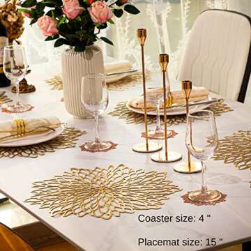 6 Pairs Gold Metallic Placemats and Matching Coasters Leaf Laminated Vinyl Plastic Dining Table Decorations for Christmas Thanksgiving Holiday Party Wedding by Snowkingdom