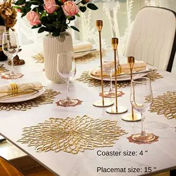 6 Pairs Gold Metallic Placemats and Matching Coasters Leaf Laminated Vinyl Plastic Dining Table Decorations for Christmas Thanksgiving Holiday Party Wedding by Snowkingdom