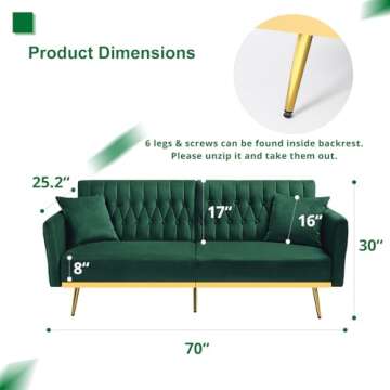 ACMEASE 70” Velvet Futon Sofa Bed w/Adjustable Backrests and Armrests, Convertible Futon Couch with 2 Pillows, Modern Tufted Sleeper Bed for Living Room, Bedroom,Green