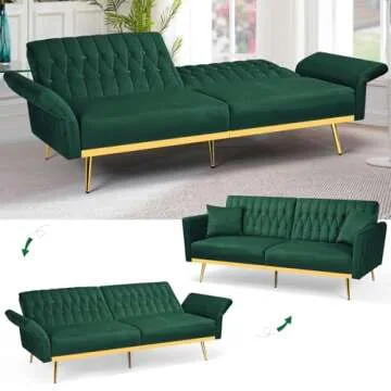 ACMEASE 70” Velvet Futon Sofa Bed w/Adjustable Backrests and Armrests, Convertible Futon Couch with 2 Pillows, Modern Tufted Sleeper Bed for Living Room, Bedroom,Green