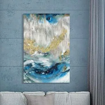 SD SOFT DANCE Blue Abstract Canvas Wall Art: Swirl Artwork with Gold Foil Painting Hand Painted Prin...