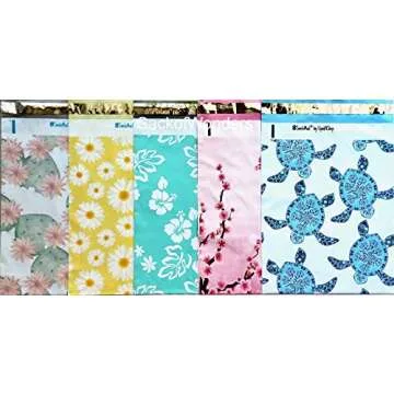 Designer Poly Mailers 10x13: Sample Variety Pack #2 ~ Hibiscus, Banana Leaves, Pineapple, Cactus, Marble, Daisy, Cherry Blossom, Sea Turtle Printed Self Sealing Shipping Poly Envelopes Bag (30 Pcs) #2