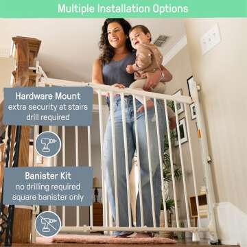 Summer Infant Metal Banister & Stair Safety Pet and Baby Gate,31'-46' Wide, 32.5' Tall, Install Banister to Banister or Wall or Wall to Wall in Doorway or Stairway, Banister and Hardware Mounts -White