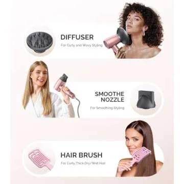 MelodySusie Hair Dryer with Diffuser,1600W Powerful Ionic Blow Dryer with Diffuser,Nozzle and Hair Brush,3 Temps & Stepless Speed,120000 RPM Fast Drying Low Noise Hairdryer,Ideal for Women Curly