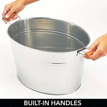 mDesign Large Metal Beverage Tub Oval Cooler for Beer, Wine, Ice, and Drinks - Portable 4.75 Gallon/18 Liter Cold Drink Trough for Parties - Steel Bin Bucket Stand with Bamboo Handles, Chrome