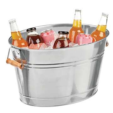 mDesign Large Metal Beverage Tub Oval Cooler for Beer, Wine, Ice, and Drinks - Portable 4.75 Gallon/18 Liter Cold Drink Trough for Parties - Steel Bin Bucket Stand with Bamboo Handles, Chrome