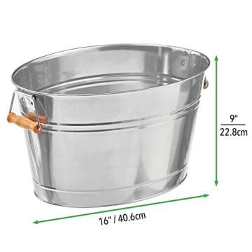mDesign Large Metal Beverage Tub Oval Cooler for Beer, Wine, Ice, and Drinks - Portable 4.75 Gallon/18 Liter Cold Drink Trough for Parties - Steel Bin Bucket Stand with Bamboo Handles, Chrome
