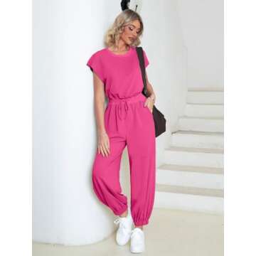 Glamaker Women's Casual Sleeveless One Piece Jumpsuits Loose Open Back Workout Onesie Summer Outfits With Pockets(Rose Pink XS)