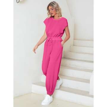Glamaker Women's Casual Sleeveless One Piece Jumpsuits Loose Open Back Workout Onesie Summer Outfits With Pockets(Rose Pink XS)