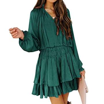 R.Vivimos Women's Cotton Long Sleeves V Neck Layered Ruffles Pleated Swing Mini Dress - A Stunning T...