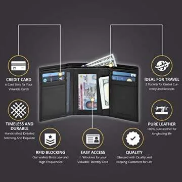Rich Black Leather Slim Trifold Wallet - RFID Protection