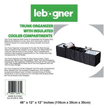 lebogner Auto Trunk Organizer With Insulated Cooler Compartments X-Large Vacation Trunk Cooler Box For Hot Or Cold Food While Traveling, Multipurpose Collapsible Car Accessories Storage Organizer
