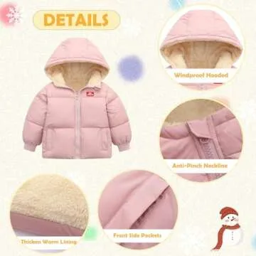 UNICOMIDEA Baby Girl Winter Hooded Jackets 12-18 Months Zipper Coat Pink Infant Girls Plush Outwear With Pockets Comfy Toddler Winter Coats Warm Fleece Down Outdoor Outerwear
