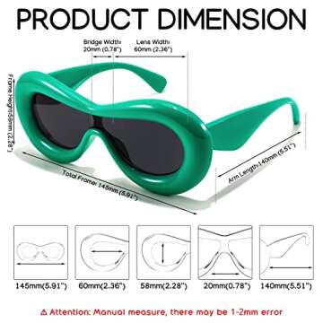 FEISEDY Oversized Inflated Oval Sunglasses for Women Men Fashion Thick Frame Y2K Glasses Funny Aesthetic Shades B9088 (Green Frame/Grey Lens, 60MM)