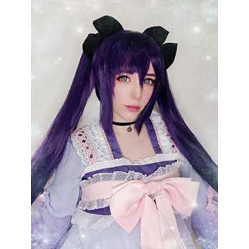 SL Purple Pigtails Wig for Mona Cosplay Costume Anime Lavender Straight Hair Wigs with Separated Pigtails + Cap