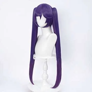 SL Purple Pigtails Wig for Mona Cosplay Costume Anime Lavender Straight Hair Wigs with Separated Pigtails + Cap