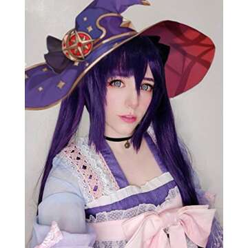 SL Purple Pigtails Wig for Mona Cosplay Costume Anime Lavender Straight Hair Wigs with Separated Pigtails + Cap