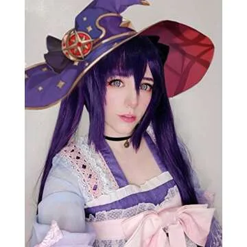 SL Purple Pigtails Wig for Mona Cosplay Costume Anime Lavender Straight Hair Wigs with Separated Pigtails + Cap