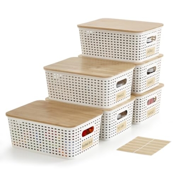 Bagnizer Small Plastic Storage Bins with Bamboo Lids 5.2qt Stackable Box Basket Pantry Decorative Co...