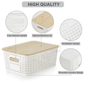 Bagnizer Small Plastic Storage Bins with Bamboo Lids 5.2qt Stackable Box Basket Pantry Decorative Containers Cute with Lable for Organizing Desktop Closet Office Cream White of 6 packs 10*7.2*4.1'’