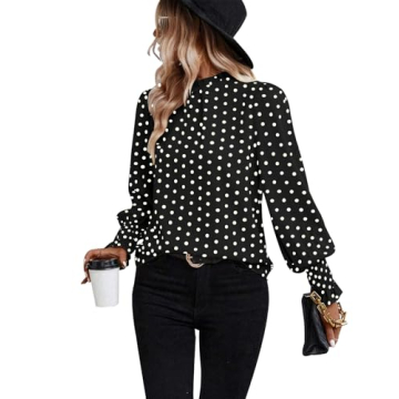 Chic Women's Polka Dot Blouse - Stylish Puff Ruffle Long Sleeve Top