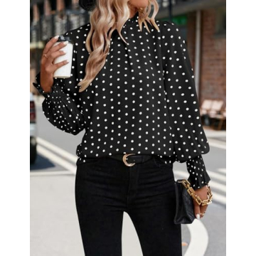 Stylish Polka Dot Blouse - Puff Ruffle Long Sleeve Top
