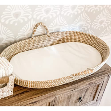 Seagrass Baby Changing Basket with Waterproof Pad | Portable Diaper Changing Topper for Dresser or T...