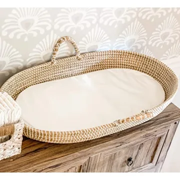 Seagrass Baby Changing Basket with Waterproof Pad | Portable Diaper Changing Topper for Dresser or T...