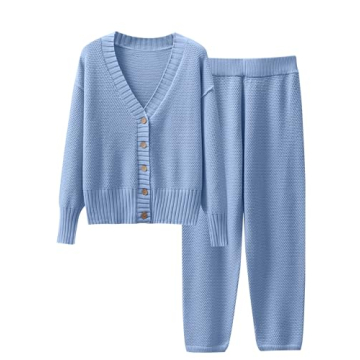 Caracilia Womens 2 Piece Outfits Lounge Set V Neck Cardigan Sweater Pants Sets Knit Matching Loungew...