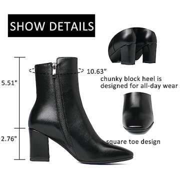KOKOMOMO 70s Gogo Boots Chunky Heeled Square Toe Ankle Boots with Zip Up Disco Dress Shoes,size 6 Black