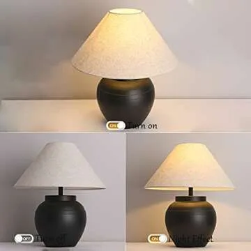 PSXPSXO Black Ceramic Table Lamp 20.4" Rustic Farmhouse Table Lamps Handmade Ceramic Lamp Body with White Textured Shade Bedside Nightstand Lamp for Living Room Bedroom Office