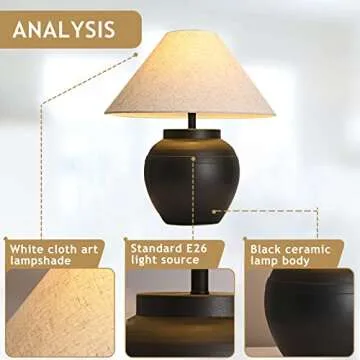 PSXPSXO Black Ceramic Table Lamp 20.4" Rustic Farmhouse Table Lamps Handmade Ceramic Lamp Body with White Textured Shade Bedside Nightstand Lamp for Living Room Bedroom Office