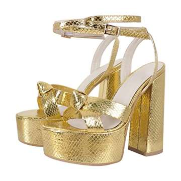onlymaker Women's Ankle Strap Chunky Heel Platform Sandals Peep Toe Buckle Stone Metallic Lace up El...