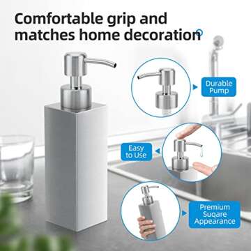 GLUBEE Stainless Steel Soap Dispenser, Rust-Proof Brushed Nickel Liquid Hand Dish Soap Dispenser Pump for Bathroom & Kitchen, 8.5 Oz/250ml Refillable Silver Modern Countertop Lotion Bottle (Square)