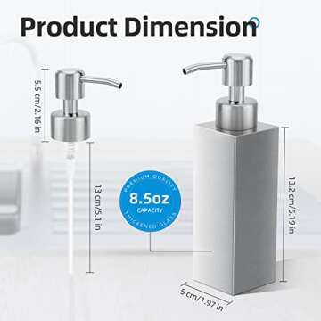 GLUBEE Stainless Steel Soap Dispenser, Rust-Proof Brushed Nickel Liquid Hand Dish Soap Dispenser Pump for Bathroom & Kitchen, 8.5 Oz/250ml Refillable Silver Modern Countertop Lotion Bottle (Square)
