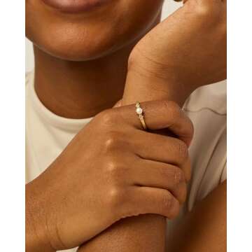 PAVOI 14K Yellow Gold Plated Pearl Hammered Ring for Women | Dainty Elegant Stackable Cubic Zirconia Thin Band for Women | Size 9