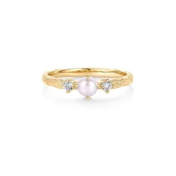 PAVOI 14K Yellow Gold Plated Pearl Hammered Ring for Women | Dainty Elegant Stackable Cubic Zirconia Thin Band for Women | Size 9