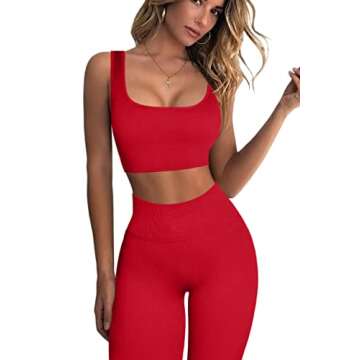 QINSEN Ribbed Workout Outfits for Women 2 Piece Seamless Sport Bra High Waist Yoga Leggings Sets Red...