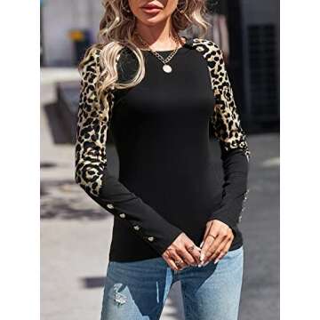 SOLY HUX Women's Leopard Print Long Sleeve Tee Round Neck Casual T Shirts Tops Black Leopard Large