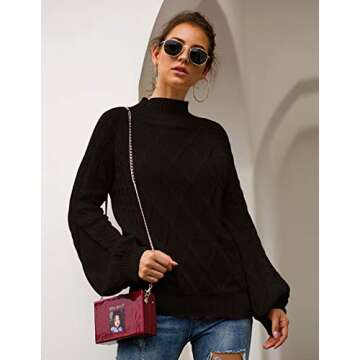 BTFBM Women Mock Turtleneck Cable Knit Long Loose Lantern Sleeve Solid Color Fashion Warm Sweater Pullover Tops (Black, Large)