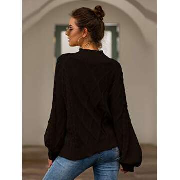 BTFBM Women Mock Turtleneck Cable Knit Long Loose Lantern Sleeve Solid Color Fashion Warm Sweater Pullover Tops (Black, Large)