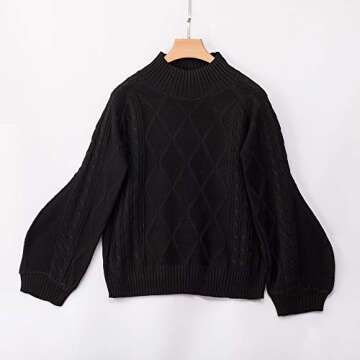 BTFBM Women Mock Turtleneck Cable Knit Long Loose Lantern Sleeve Solid Color Fashion Warm Sweater Pullover Tops (Black, Large)