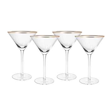Gold Rim Martini Glasses - Set of 4-10 oz, 24K Gilded Classic Vintage Glasses For Martinis, Cocktails, Champagne, Water & Wine - Hand Blown Classic Coupes Gilded Rimed, Crystal Coupe with Long Stems
