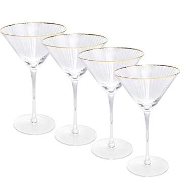 Gold Rim Martini Glasses - Set of 4-10 oz, 24K Gilded Classic Vintage Glasses For Martinis, Cocktails, Champagne, Water & Wine - Hand Blown Classic Coupes Gilded Rimed, Crystal Coupe with Long Stems
