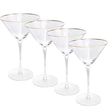Gold Rim Martini Glasses - Set of 4-10 oz, 24K Gilded Classic Vintage Glasses For Martinis, Cocktails, Champagne, Water & Wine - Hand Blown Classic Coupes Gilded Rimed, Crystal Coupe with Long Stems