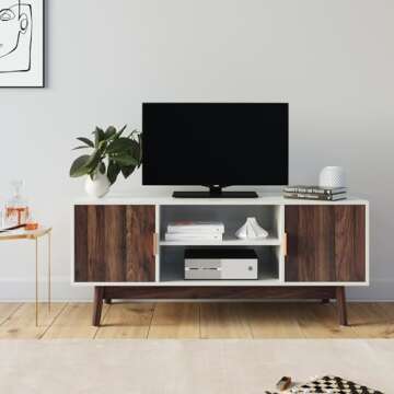 Nathan James Wesley Scandinavian TV Stand Media Console with Wooden Frame and Cabinet Doors, White/Walnut