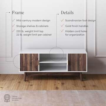 Nathan James Wesley Scandinavian TV Stand Media Console with Wooden Frame and Cabinet Doors, White/Walnut