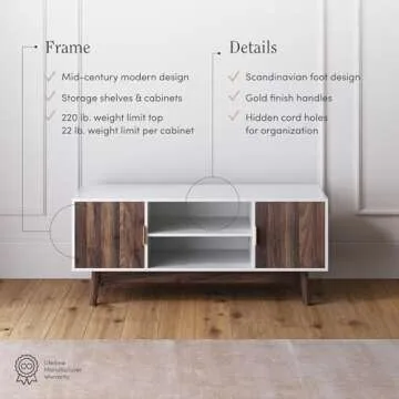 Nathan James Wesley Scandinavian TV Stand Media Console with Wooden Frame and Cabinet Doors, White/Walnut