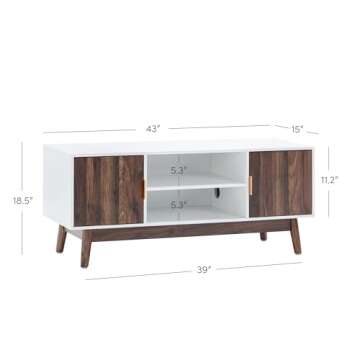 Nathan James Wesley Scandinavian TV Stand Media Console with Wooden Frame and Cabinet Doors, White/Walnut